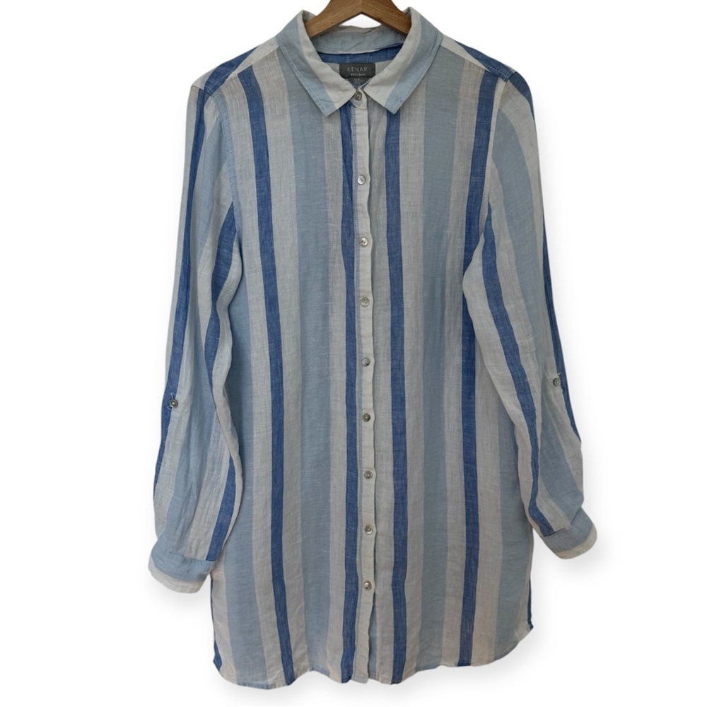 Kenar Striped Longline Tunic 100% Linen Button Down Shirt Medium